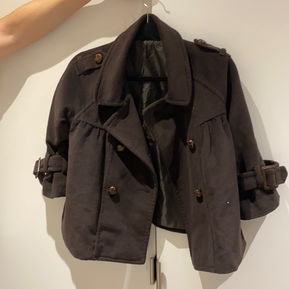 Pinkyotto Cropped Brown Soft Collared Pea Coat 🧥
